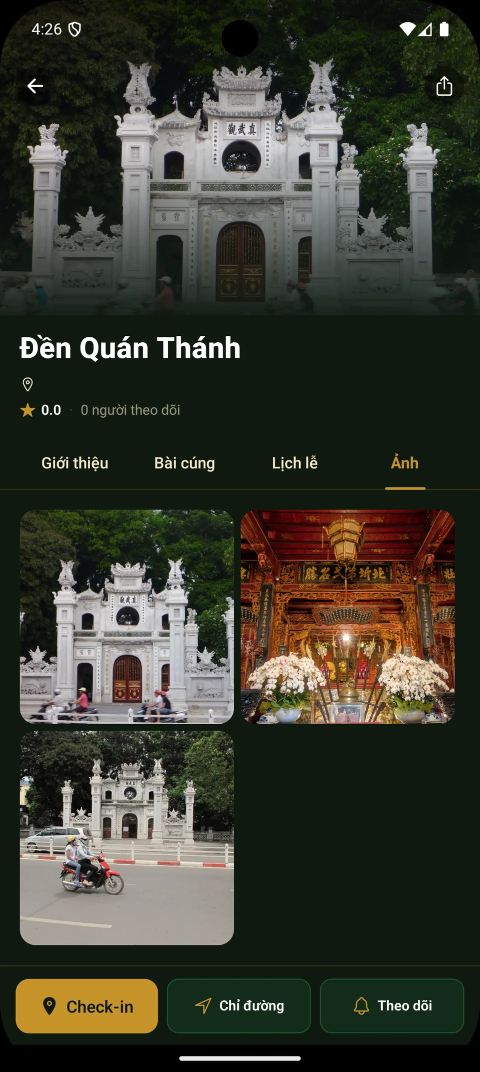 Trang chi tiết chùa với thư viện ảnh và các thao tác check-in, chỉ đường, theo dõi